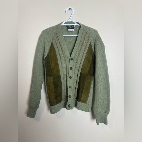 Vintage Other - Vintage Mercury 2-Ply Wool Cardigan Men’s L Green Suede Panel Button Sweater